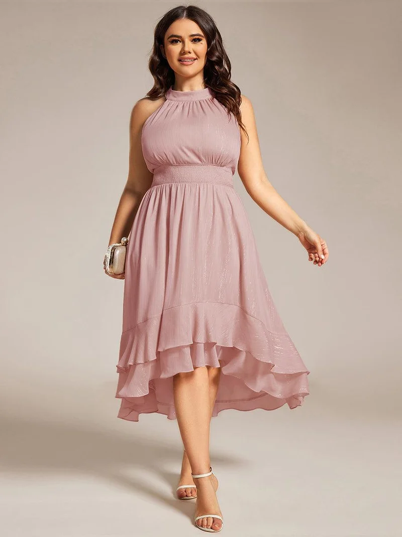 ever ZOYA|Robe d'invité de mariage plissée à volants haut-bas scintillante à col licou(Vente finale)