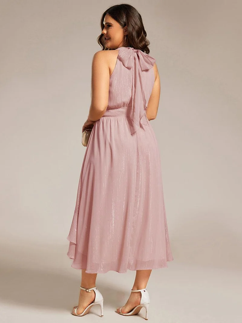 ever ZOYA|Robe d'invité de mariage plissée à volants haut-bas scintillante à col licou(Vente finale)