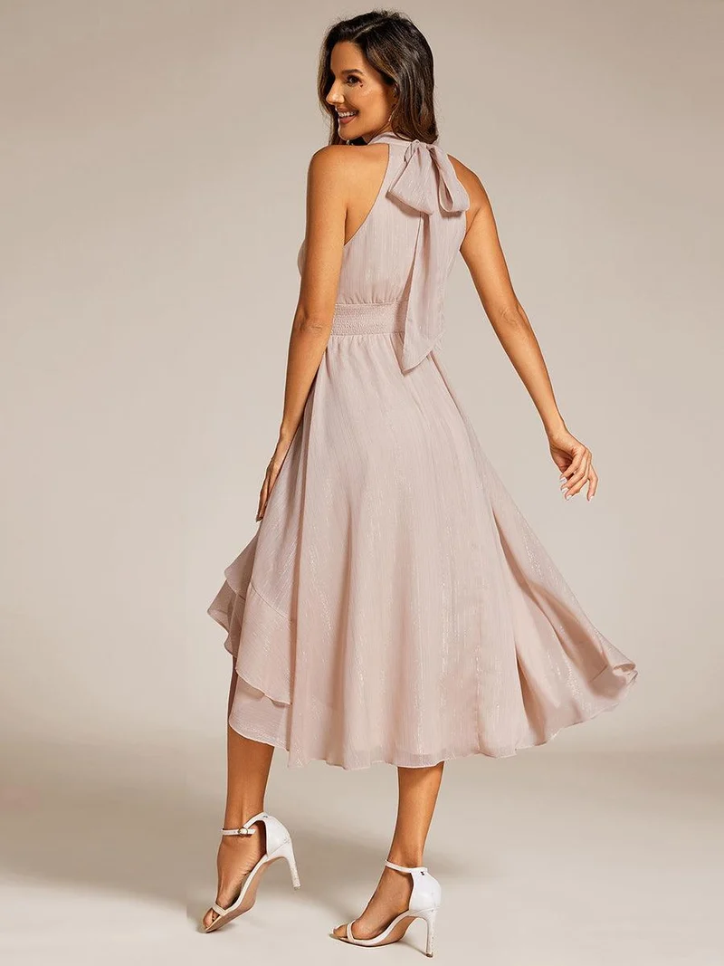 ever ZOYA|Robe d'invité de mariage plissée à volants haut-bas scintillante à col licou(Vente finale)