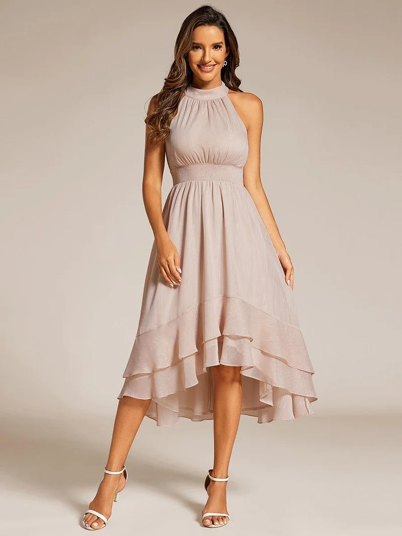 ever ZOYA|Robe d'invité de mariage plissée à volants haut-bas scintillante à col licou(Vente finale)