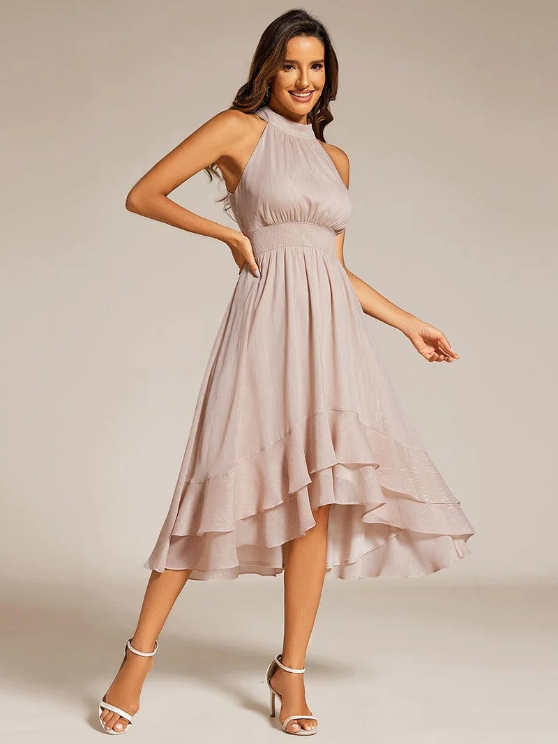 ever ZOYA|Robe d'invité de mariage plissée à volants haut-bas scintillante à col licou(Vente finale)
