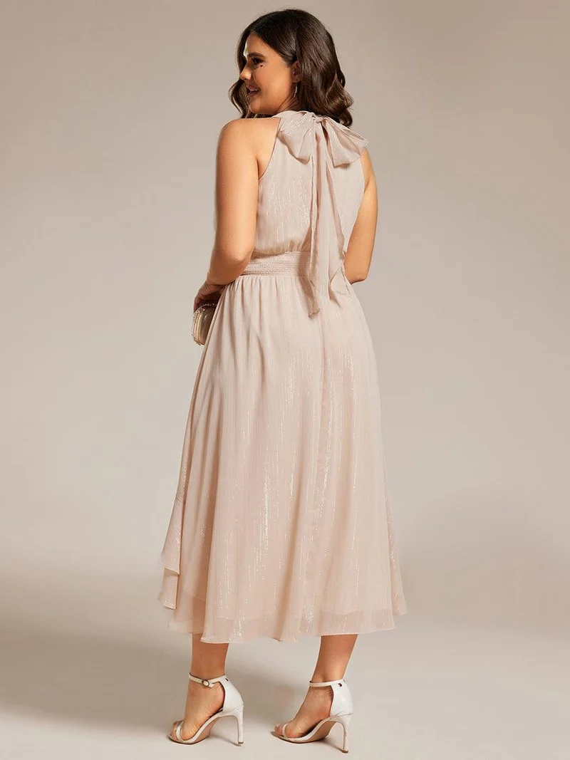 ever ZOYA|Robe d'invité de mariage plissée à volants haut-bas scintillante à col licou(Vente finale)
