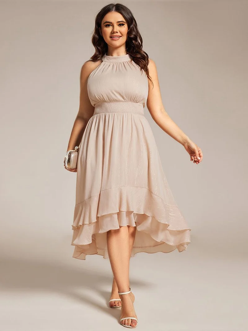 ever ZOYA|Robe d'invité de mariage plissée à volants haut-bas scintillante à col licou(Vente finale)