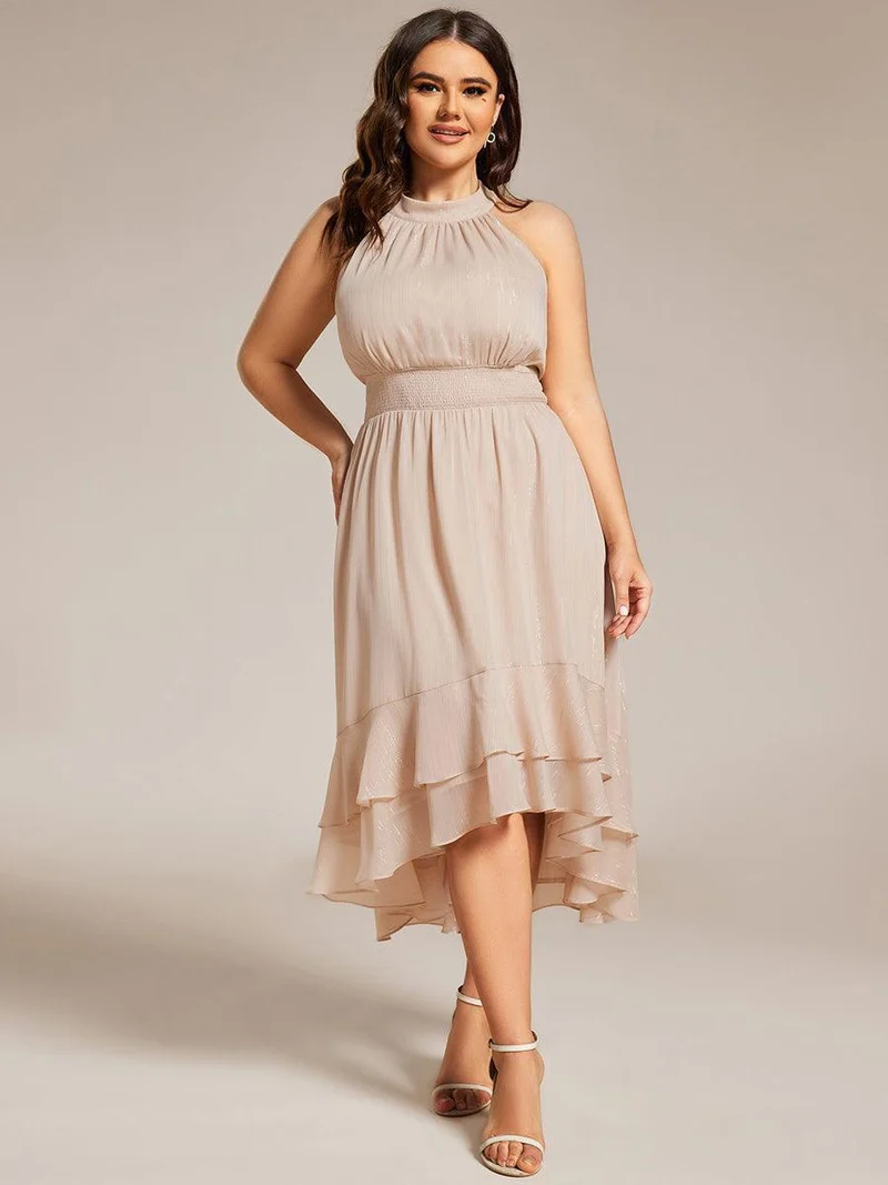 ever ZOYA|Robe d'invité de mariage plissée à volants haut-bas scintillante à col licou(Vente finale)