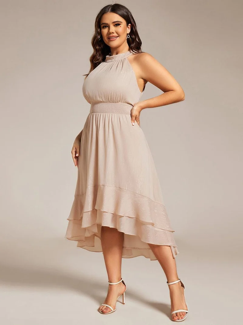 ever ZOYA|Robe d'invité de mariage plissée à volants haut-bas scintillante à col licou(Vente finale)