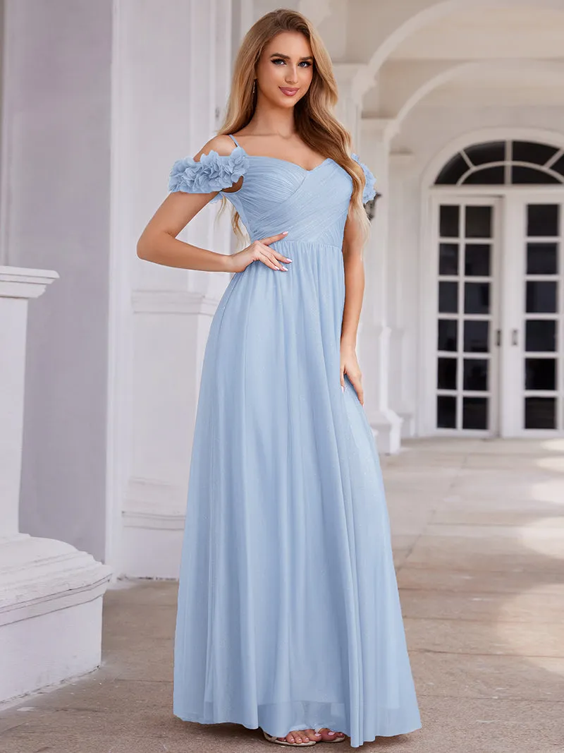 Robe de soirée plissée étincelante à col en V et épaules dénudées avec détails floraux
