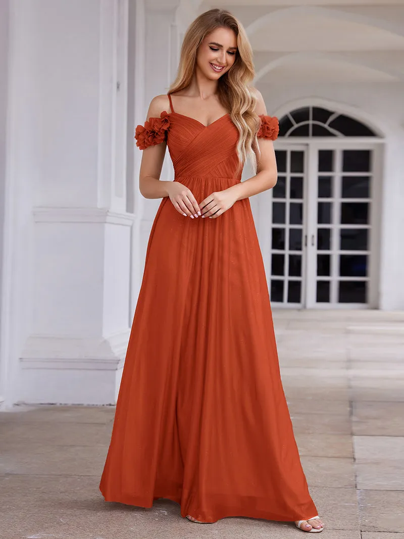 Robe de soirée plissée étincelante à col en V et épaules dénudées avec détails floraux