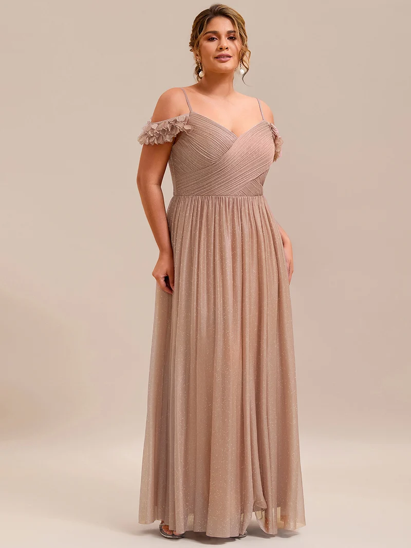 Robe de soirée plissée étincelante à col en V et épaules dénudées avec détails floraux