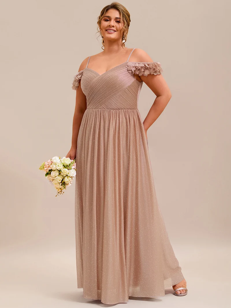 Robe de soirée plissée étincelante à col en V et épaules dénudées avec détails floraux