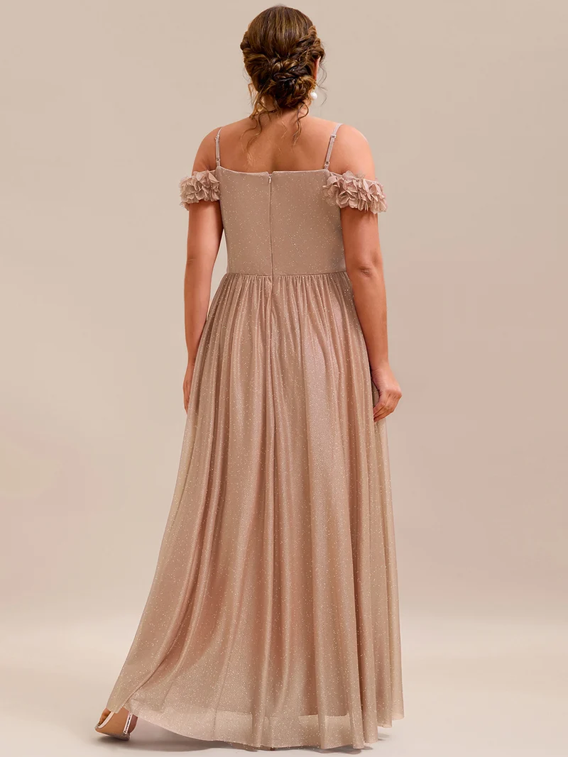 Robe de soirée plissée étincelante à col en V et épaules dénudées avec détails floraux