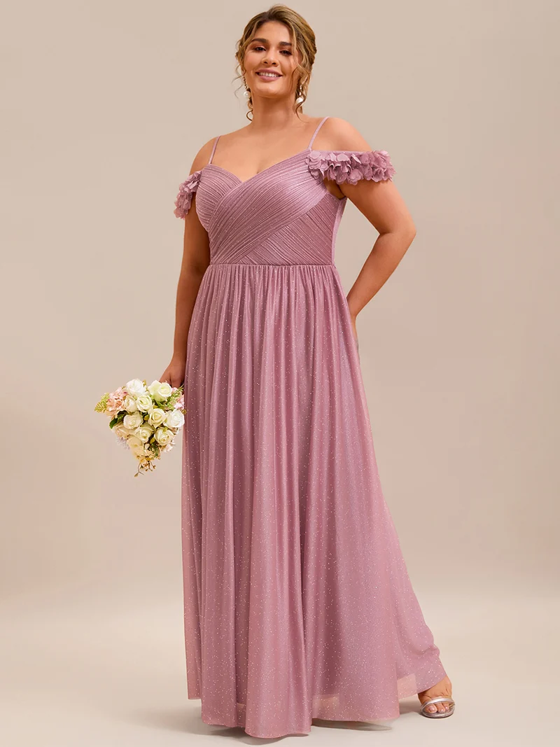 Robe de soirée plissée étincelante à col en V et épaules dénudées avec détails floraux