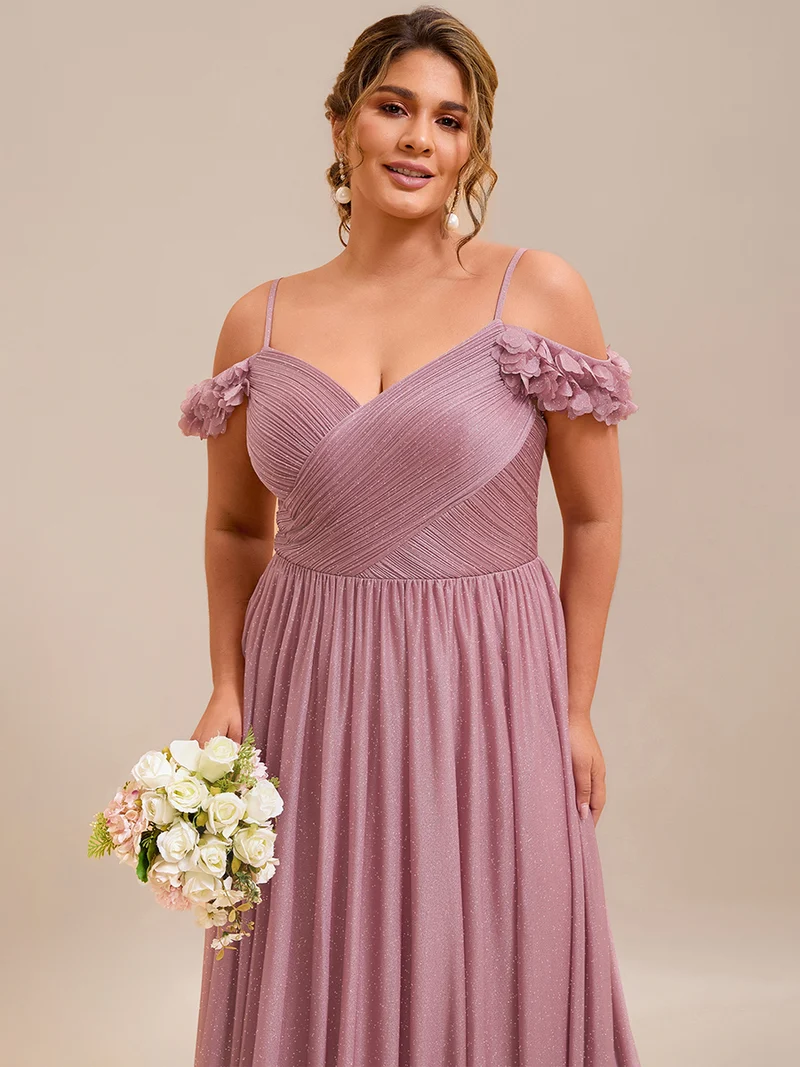 Robe de soirée plissée étincelante à col en V et épaules dénudées avec détails floraux
