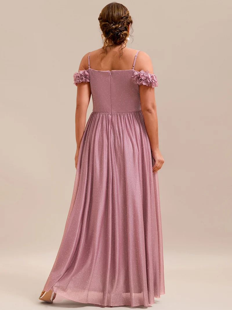 Robe de soirée plissée étincelante à col en V et épaules dénudées avec détails floraux