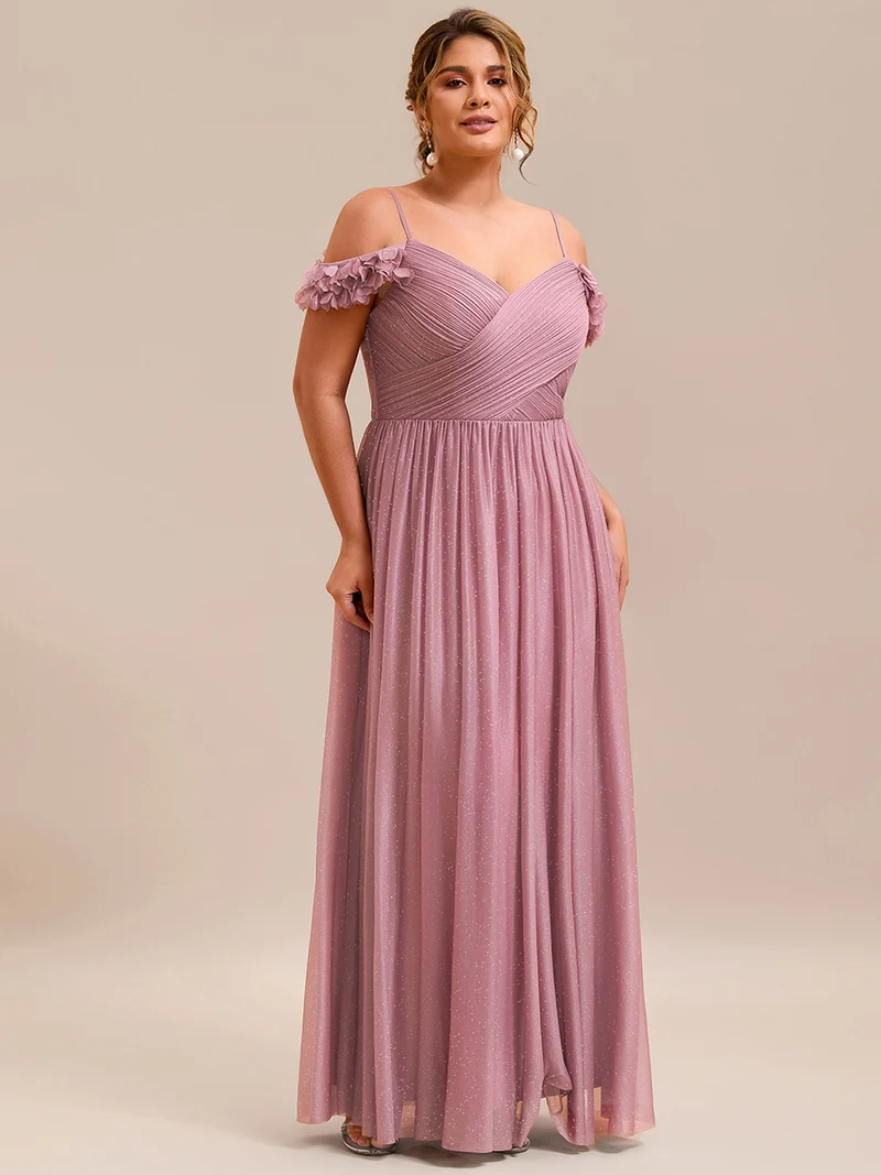 Robe de soirée plissée étincelante à col en V et épaules dénudées avec détails floraux