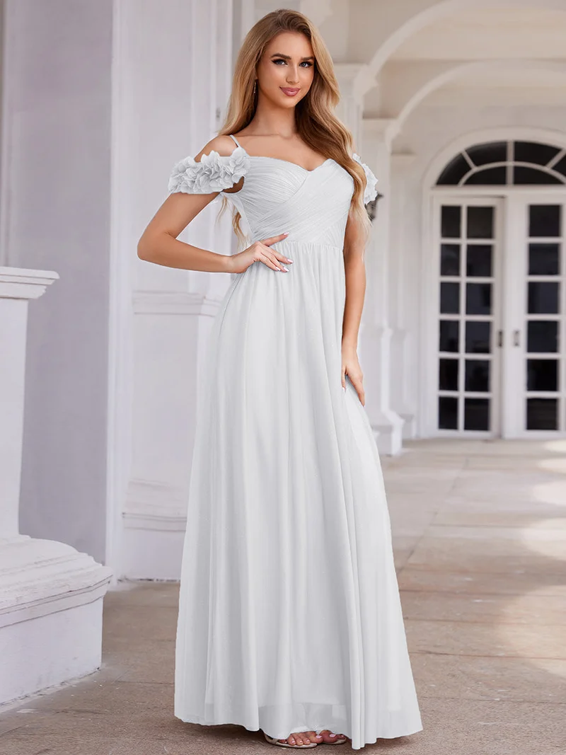 Robe de soirée plissée étincelante à col en V et épaules dénudées avec détails floraux
