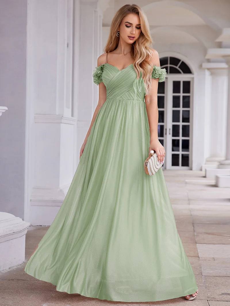 Robe de soirée plissée étincelante à col en V et épaules dénudées avec détails floraux