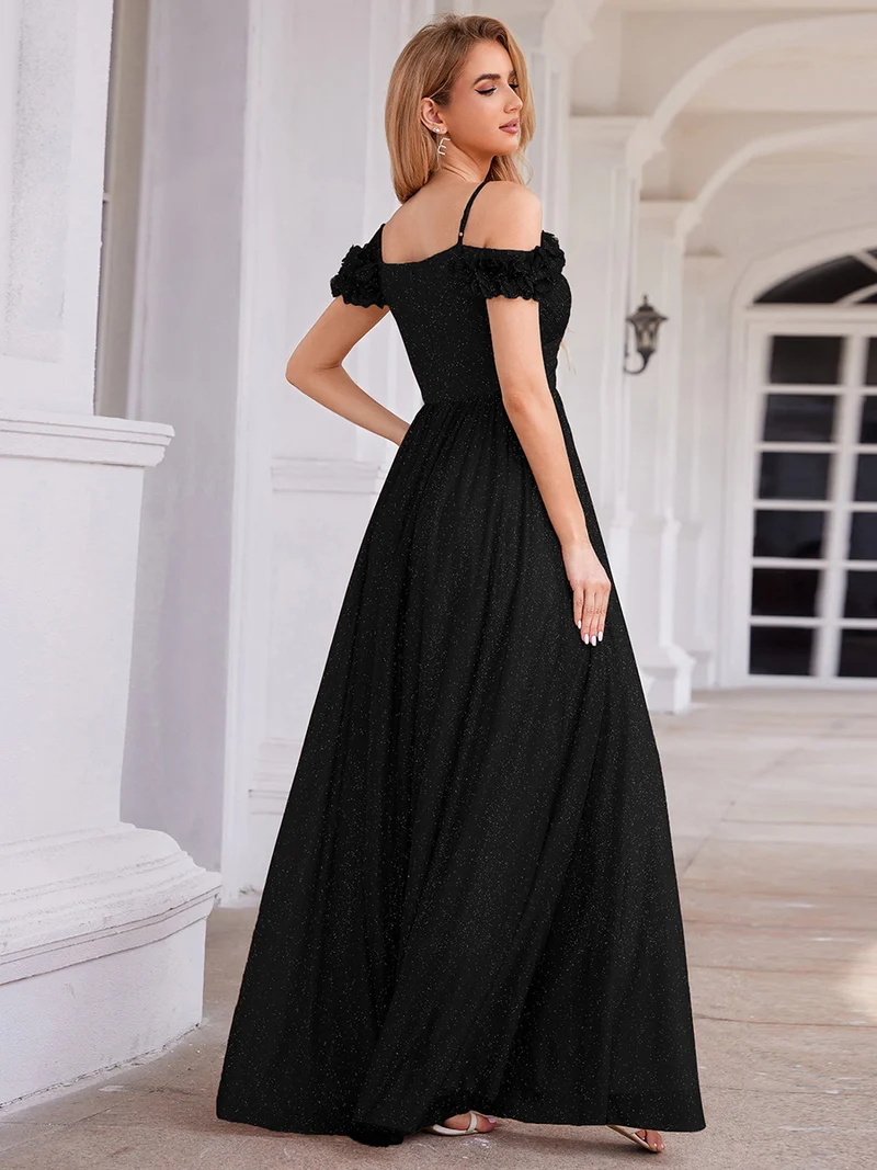 Robe de soirée plissée étincelante à col en V et épaules dénudées avec détails floraux