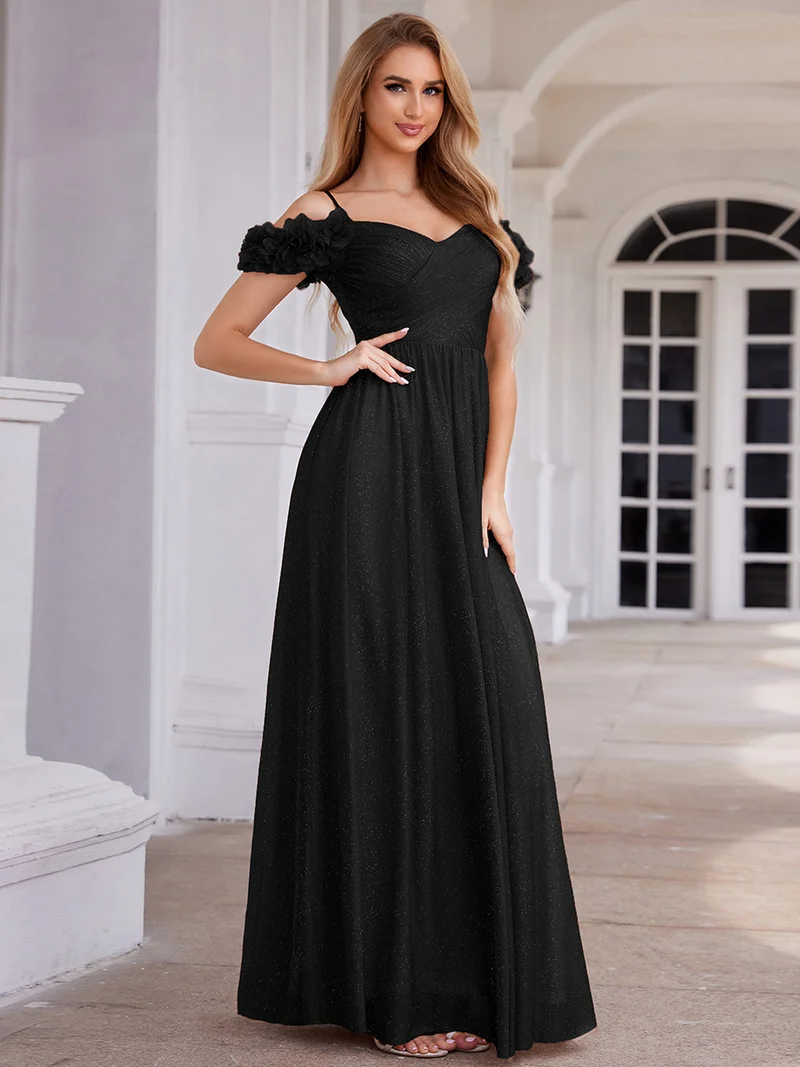 Robe de soirée plissée étincelante à col en V et épaules dénudées avec détails floraux