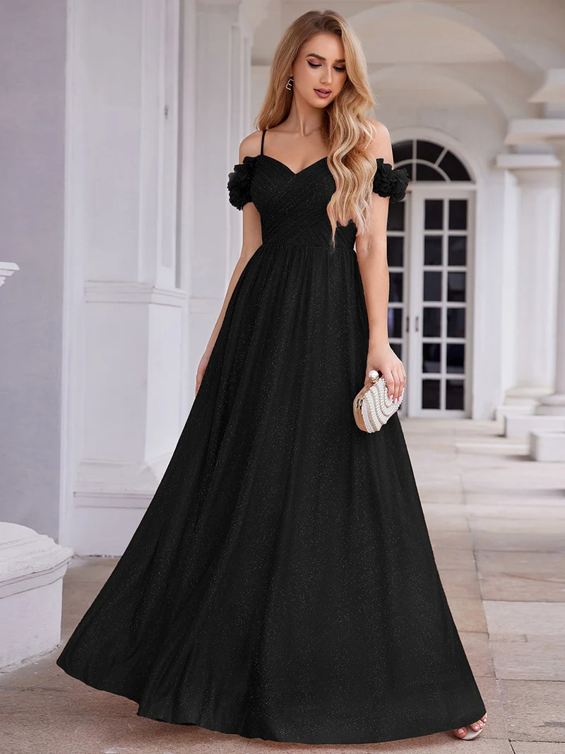 Robe de soirée plissée étincelante à col en V et épaules dénudées avec détails floraux