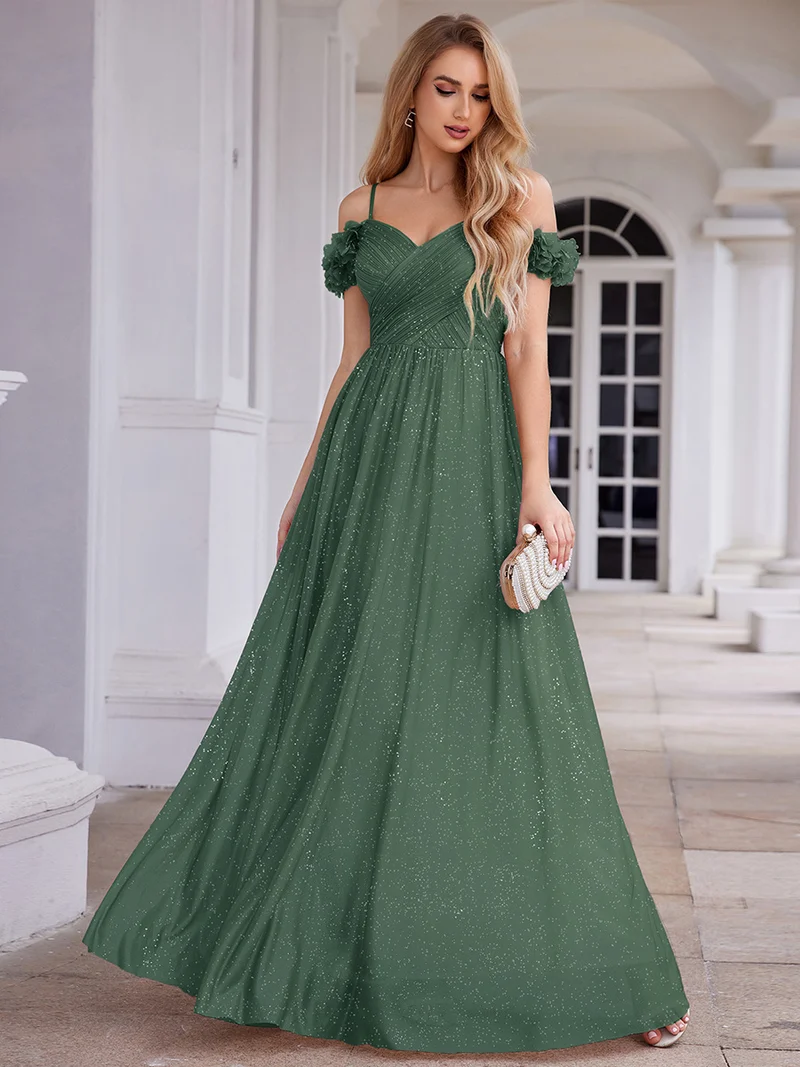 Robe de soirée plissée étincelante à col en V et épaules dénudées avec détails floraux