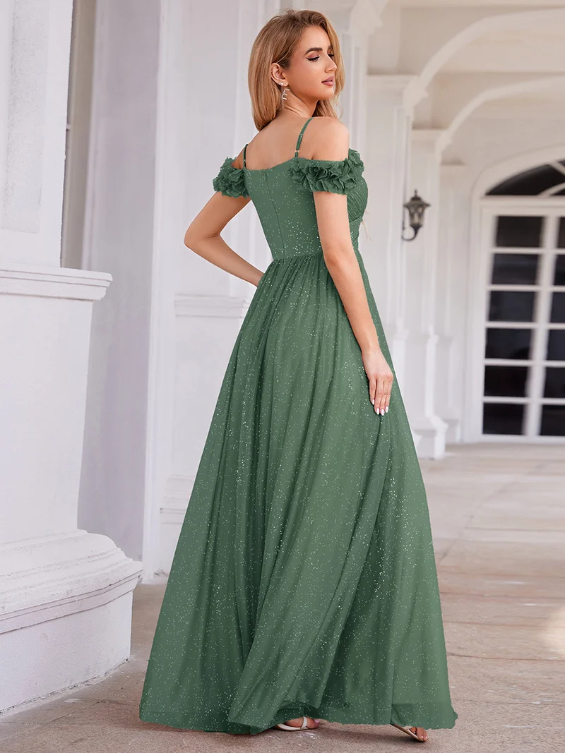 Robe de soirée plissée étincelante à col en V et épaules dénudées avec détails floraux