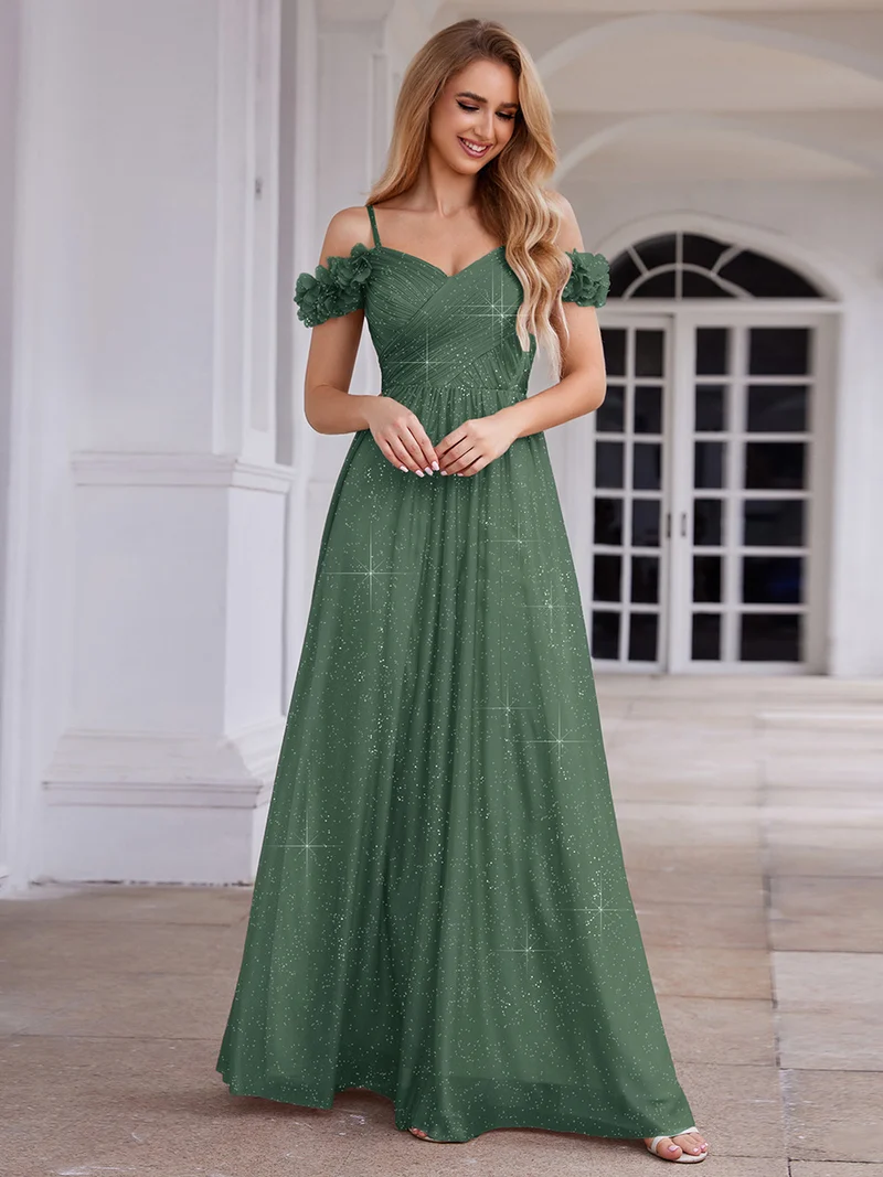 Robe de soirée plissée étincelante à col en V et épaules dénudées avec détails floraux