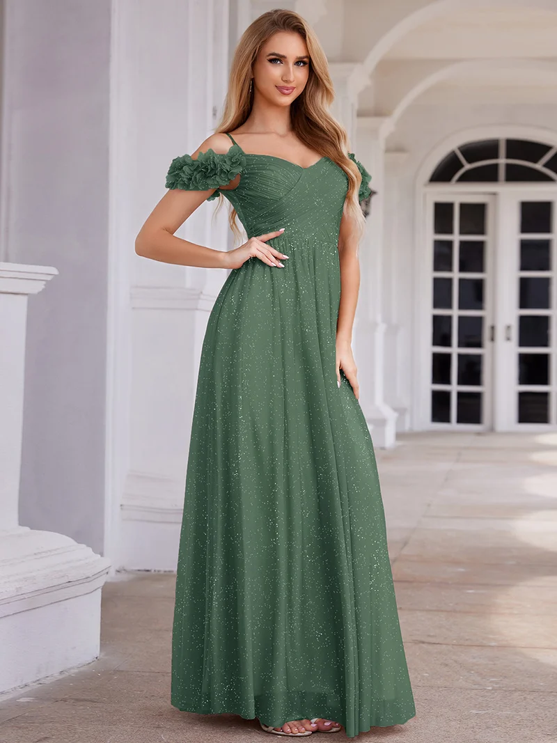 Robe de soirée plissée étincelante à col en V et épaules dénudées avec détails floraux