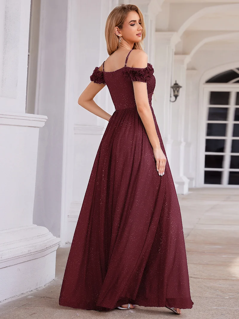 Robe de soirée plissée étincelante à col en V et épaules dénudées avec détails floraux