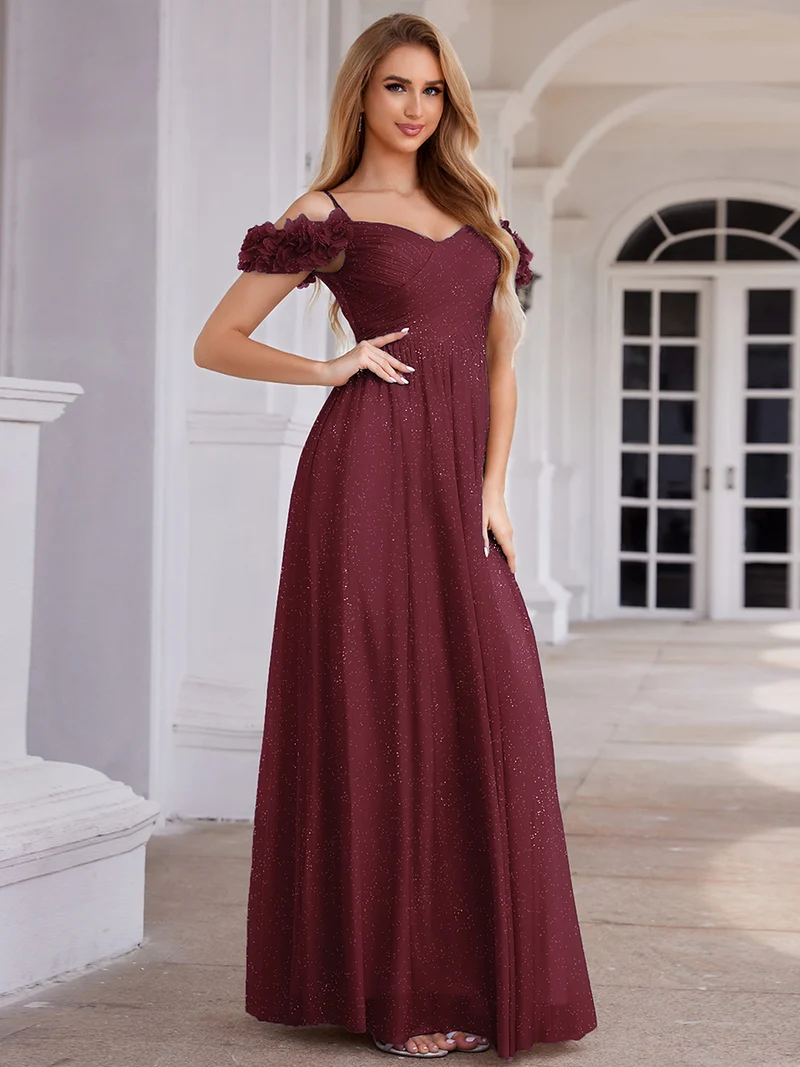 Robe de soirée plissée étincelante à col en V et épaules dénudées avec détails floraux