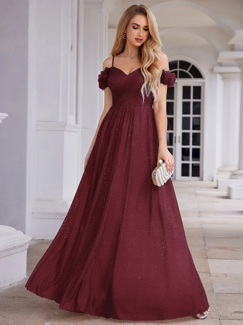 Robe de soirée plissée étincelante à col en V et épaules dénudées avec détails floraux