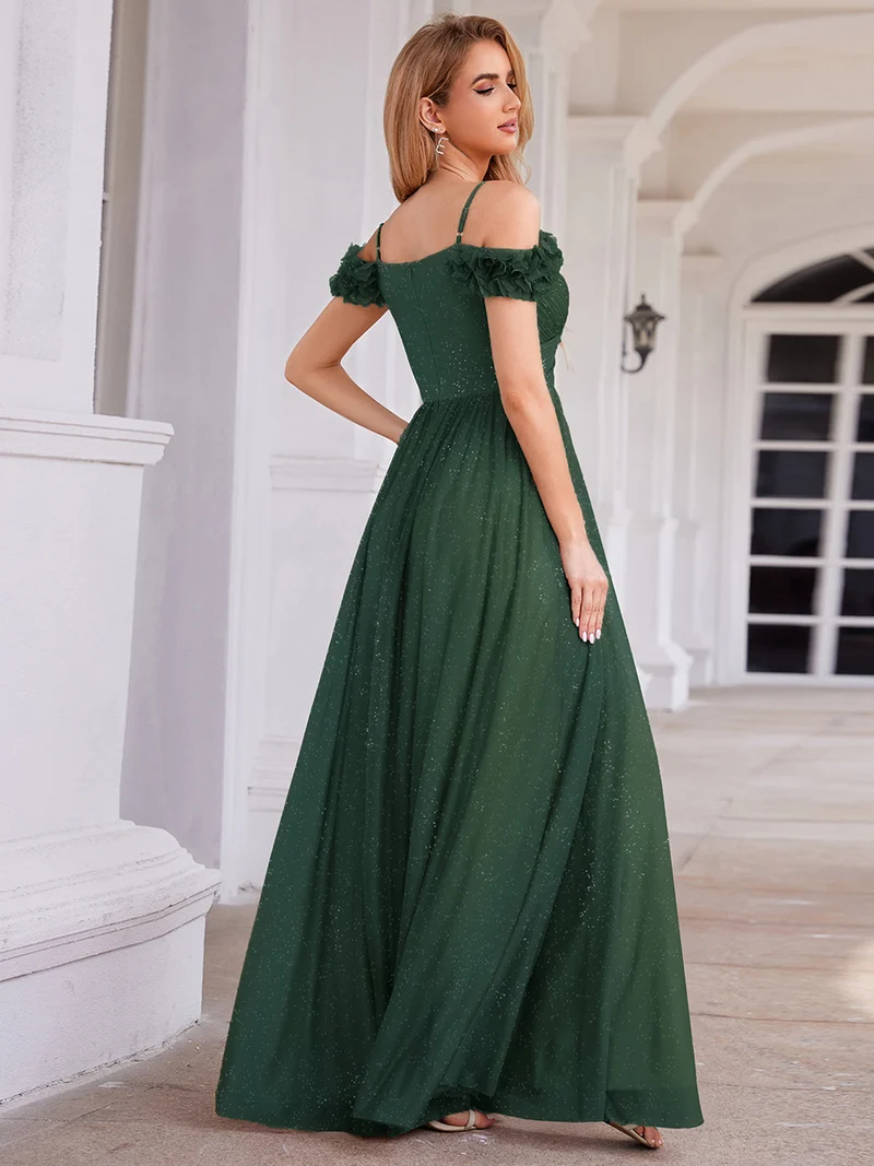 Robe de soirée plissée étincelante à col en V et épaules dénudées avec détails floraux