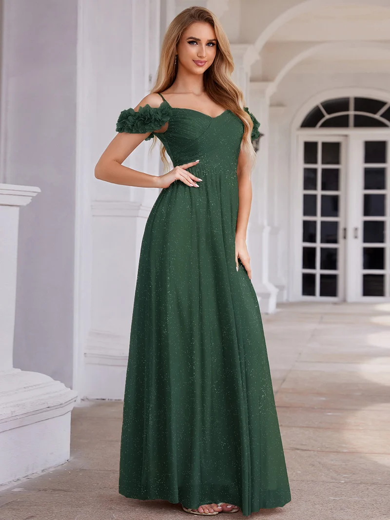 Robe de soirée plissée étincelante à col en V et épaules dénudées avec détails floraux