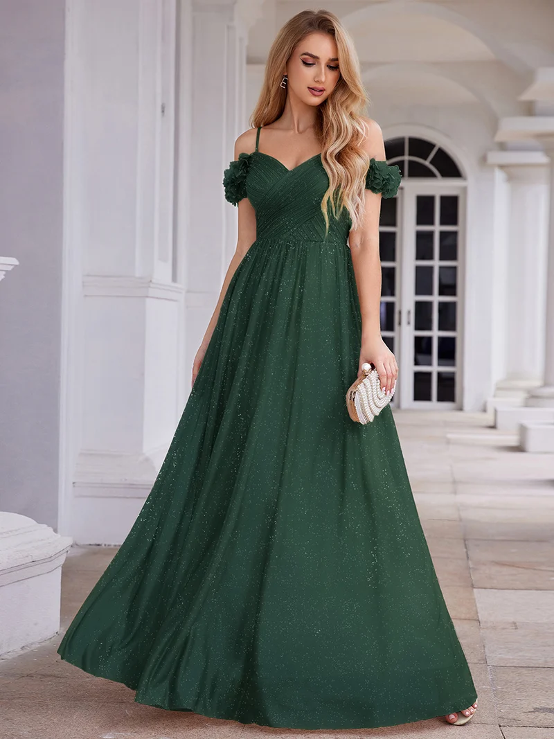 Robe de soirée plissée étincelante à col en V et épaules dénudées avec détails floraux