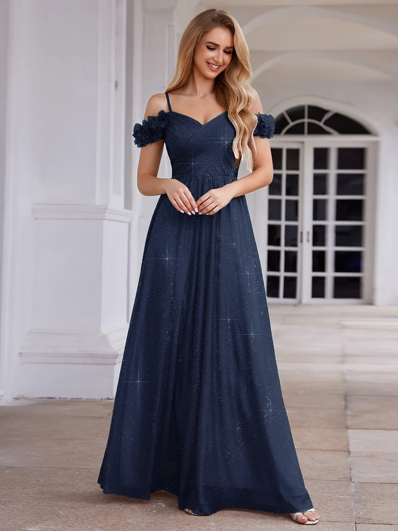 Robe de soirée plissée étincelante à col en V et épaules dénudées avec détails floraux