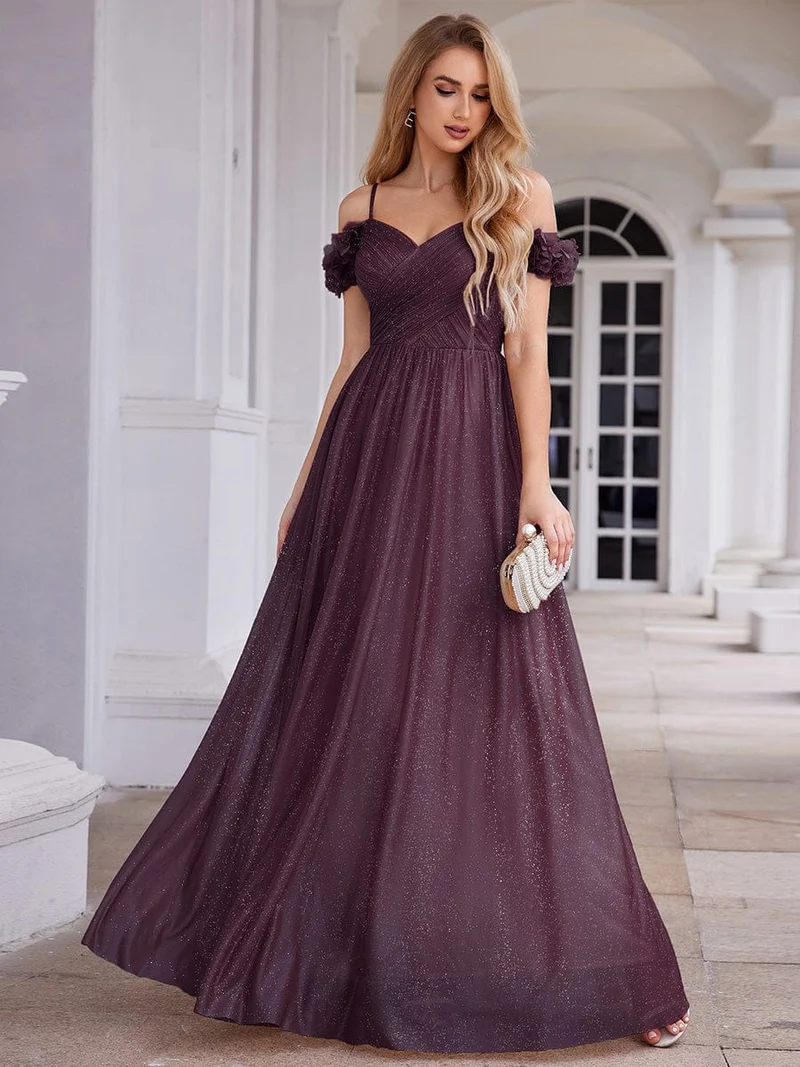 Robe de soirée plissée étincelante à col en V et épaules dénudées avec détails floraux