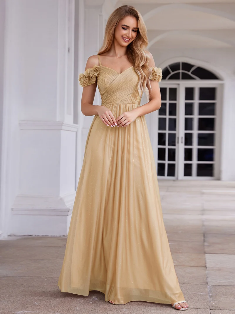Robe de soirée plissée étincelante à col en V et épaules dénudées avec détails floraux