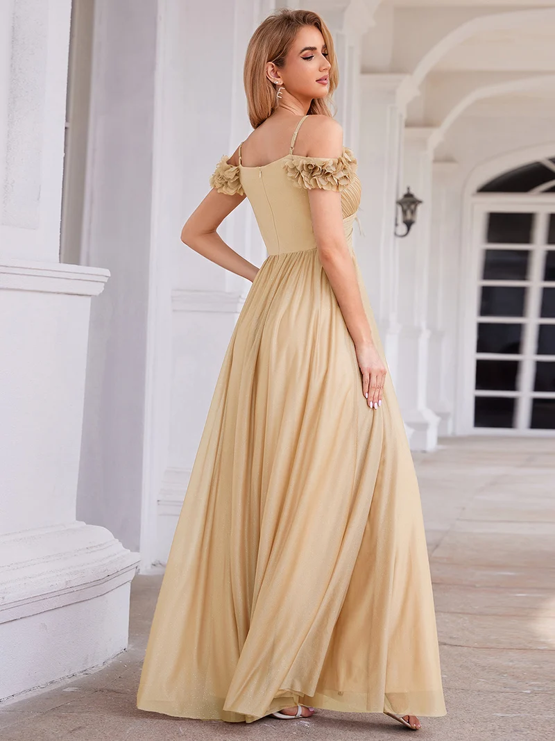 Robe de soirée plissée étincelante à col en V et épaules dénudées avec détails floraux