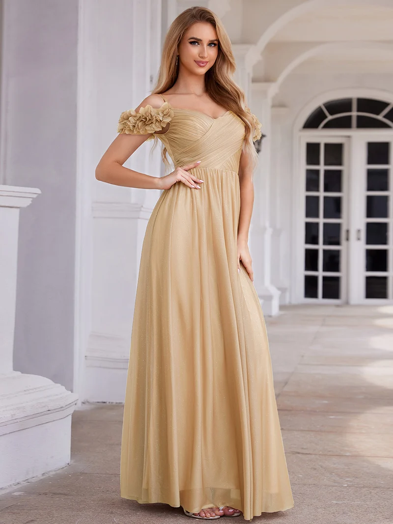 Robe de soirée plissée étincelante à col en V et épaules dénudées avec détails floraux