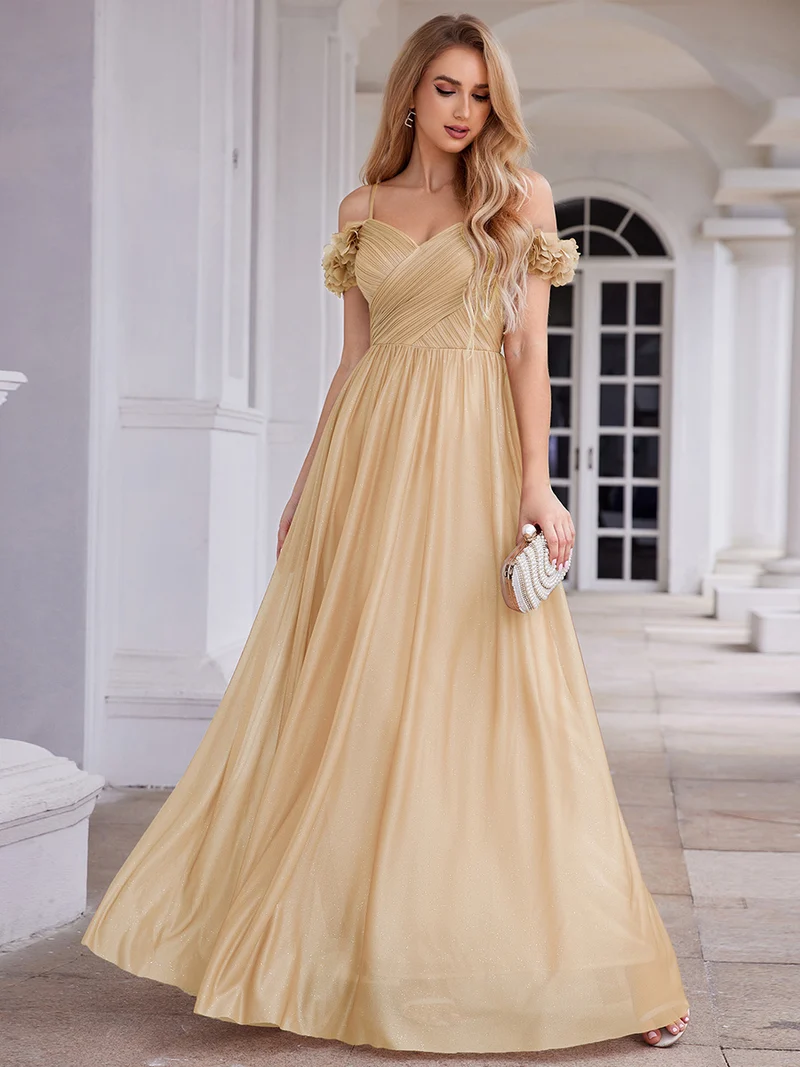 Robe de soirée plissée étincelante à col en V et épaules dénudées avec détails floraux