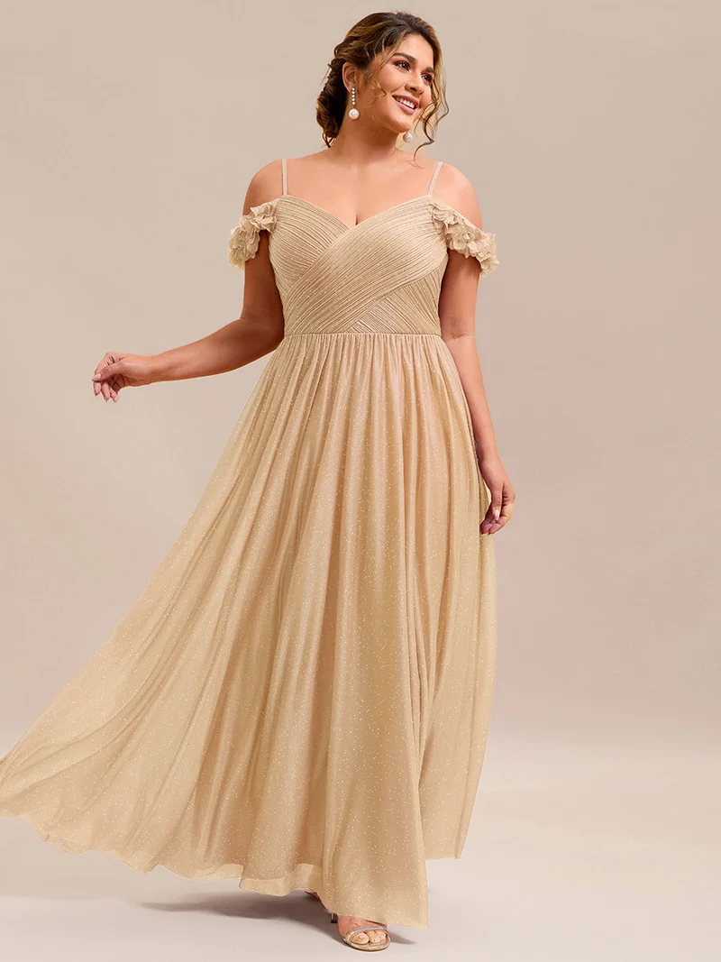 Robe de soirée plissée étincelante à col en V et épaules dénudées avec détails floraux