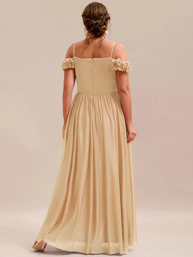 Robe de soirée plissée étincelante à col en V et épaules dénudées avec détails floraux
