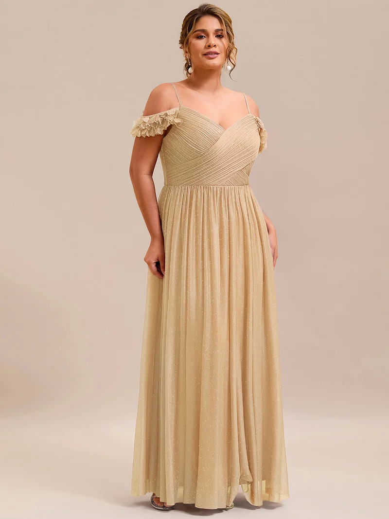 Robe de soirée plissée étincelante à col en V et épaules dénudées avec détails floraux