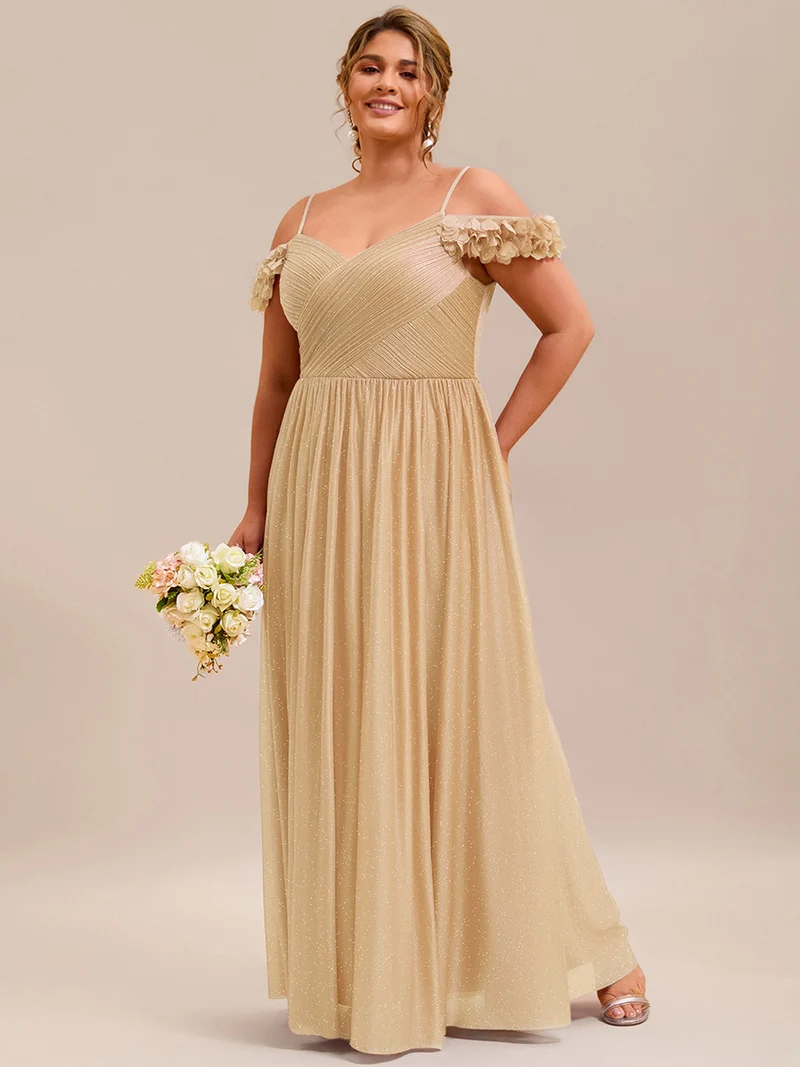 Robe de soirée plissée étincelante à col en V et épaules dénudées avec détails floraux