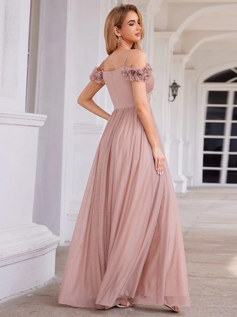 Robe de soirée plissée étincelante à col en V et épaules dénudées avec détails floraux