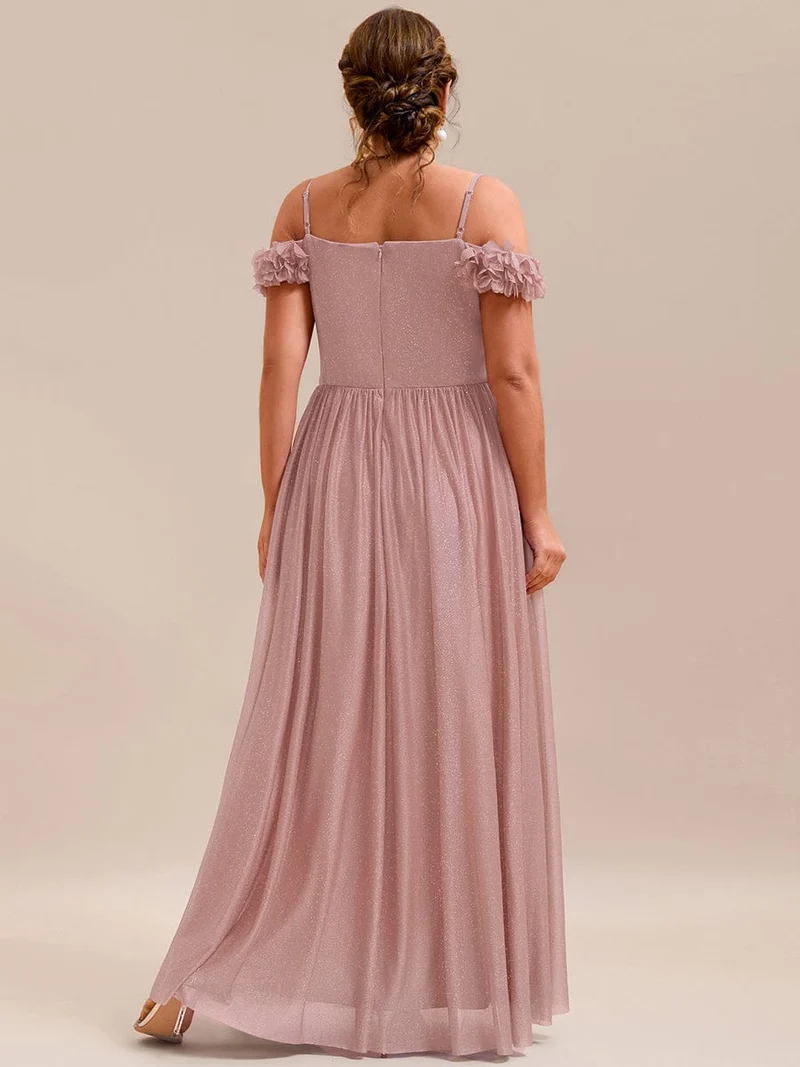 Robe de soirée plissée étincelante à col en V et épaules dénudées avec détails floraux