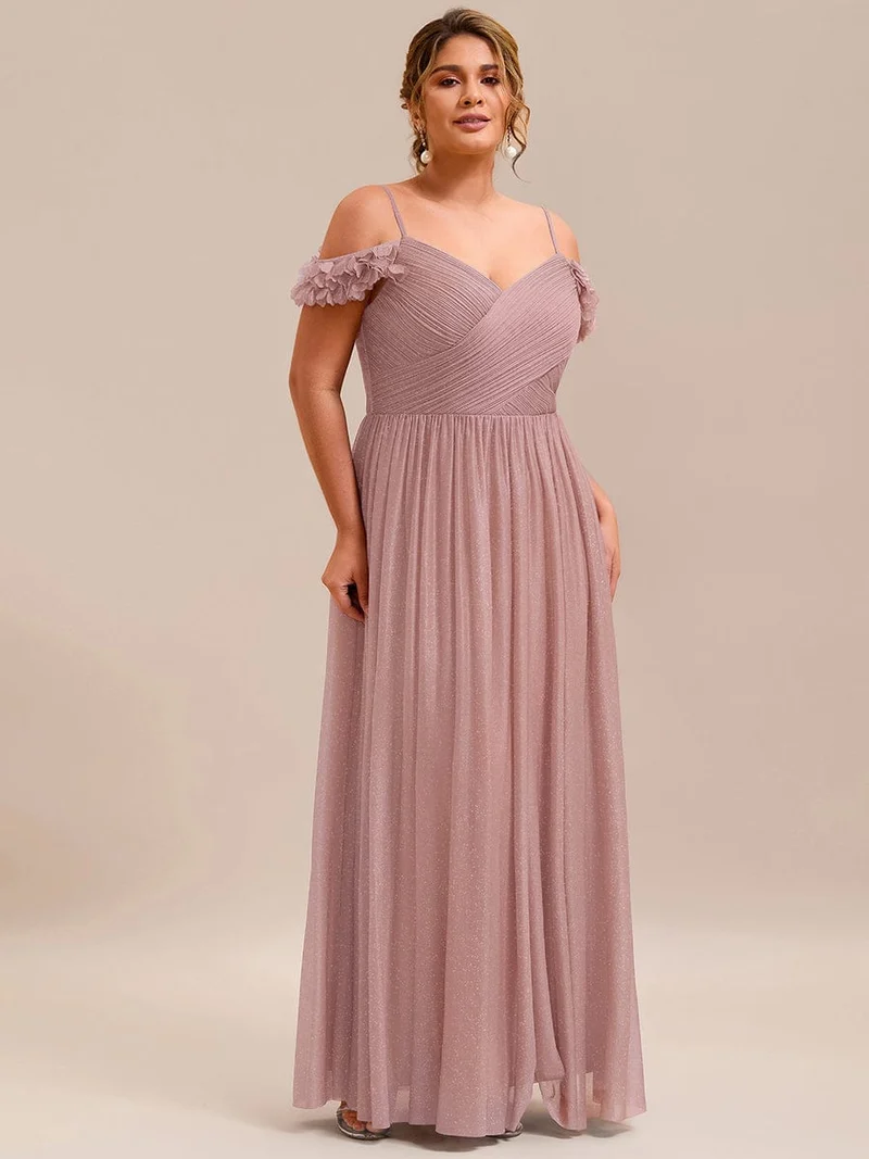 Robe de soirée plissée étincelante à col en V et épaules dénudées avec détails floraux