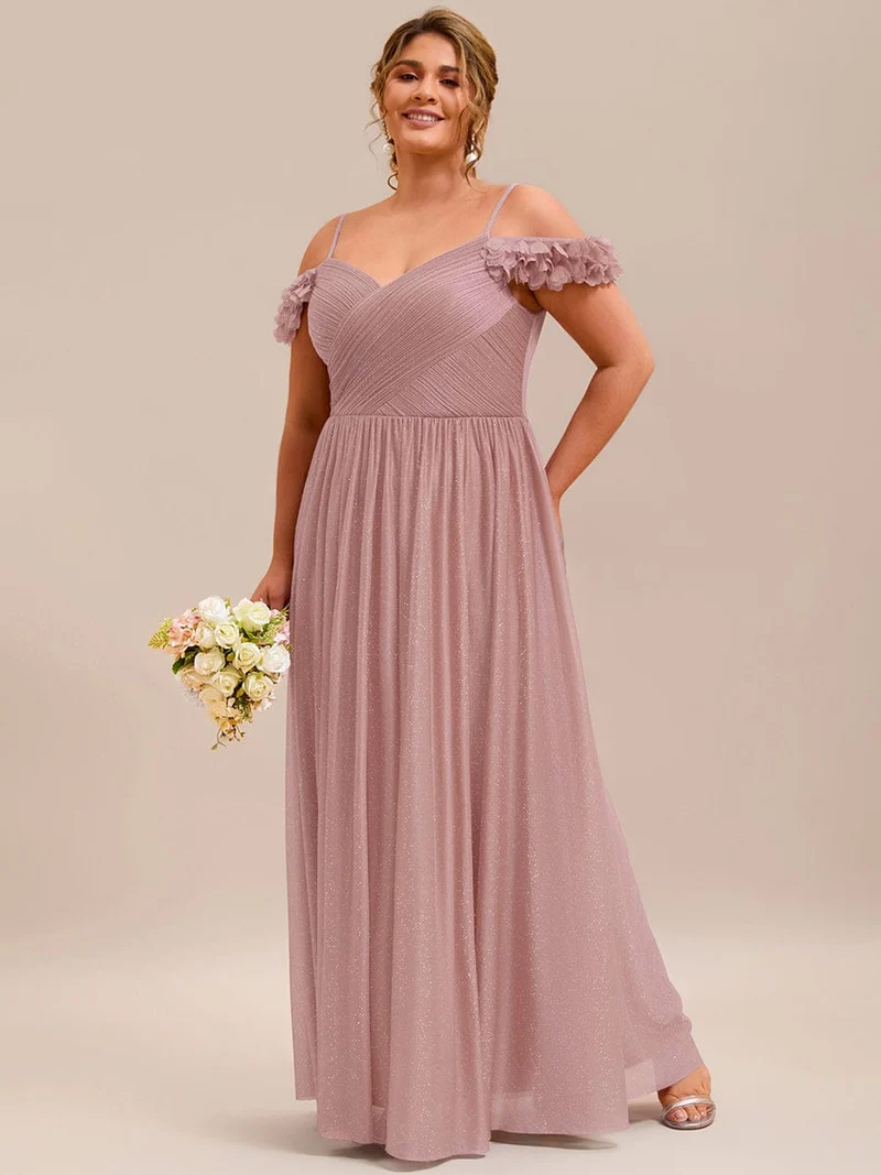 Robe de soirée plissée étincelante à col en V et épaules dénudées avec détails floraux