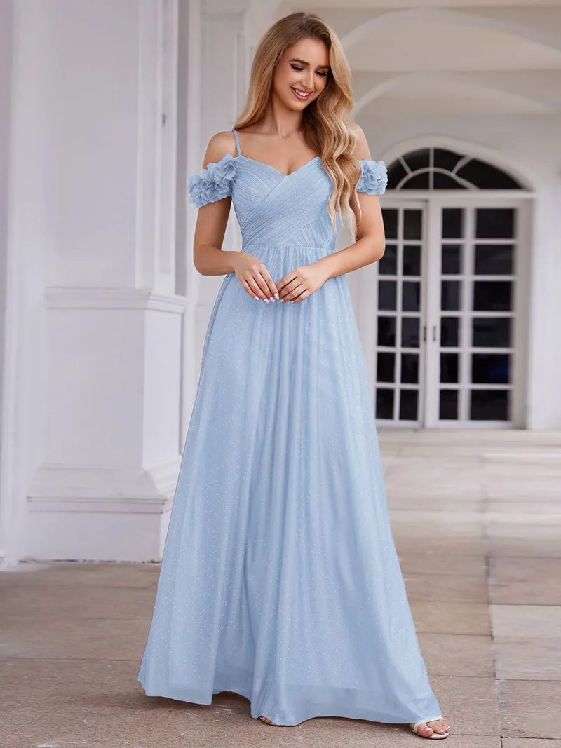 Robe de soirée plissée étincelante à col en V et épaules dénudées avec détails floraux