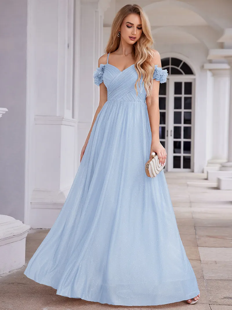 Robe de soirée plissée étincelante à col en V et épaules dénudées avec détails floraux