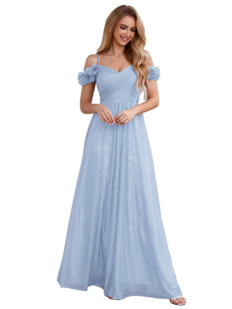 Robe de soirée plissée étincelante à col en V et épaules dénudées avec détails floraux